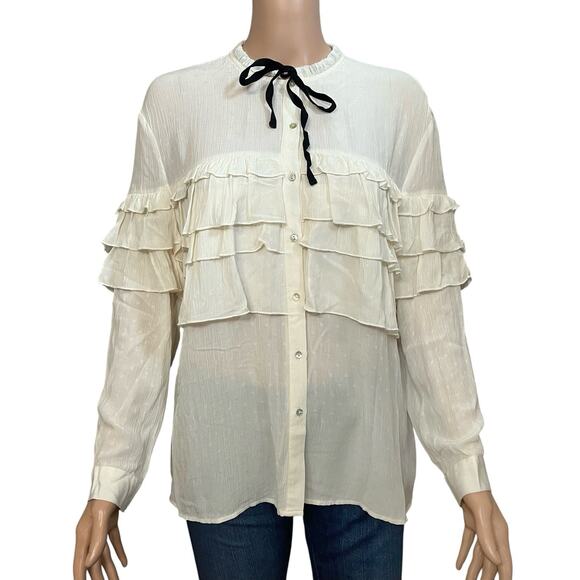 Zara TRF Ruffle Tied Neck Blouse Small Button Down Coquette Long Sleeve Cream - Picture 1 of 7